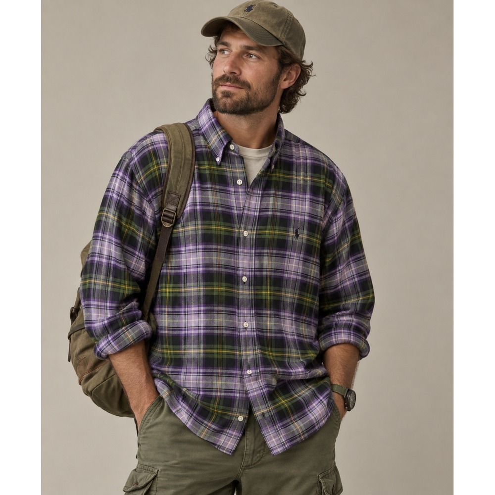 VTG 90s Ralph Lauren Blake Flannel Shirt Mens L Purple Green Plaid Button Down